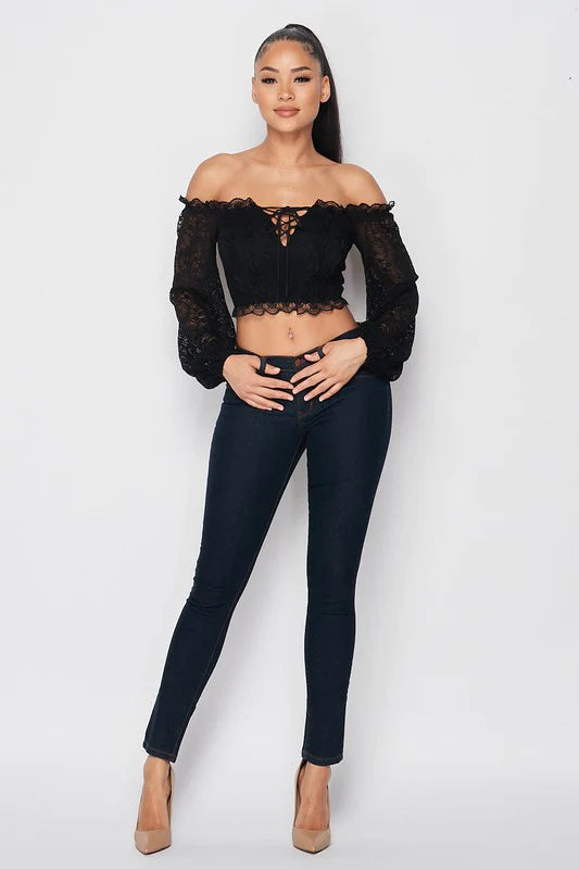 LUXE SEE-THROUGH OFF SHOULDER LACE-UP CROPPED TOP