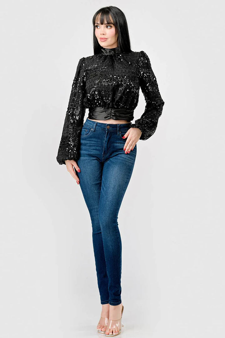 LUXE SEQUINS TEXTURE SATIN OPEN BACK TIE CROPPED TOP