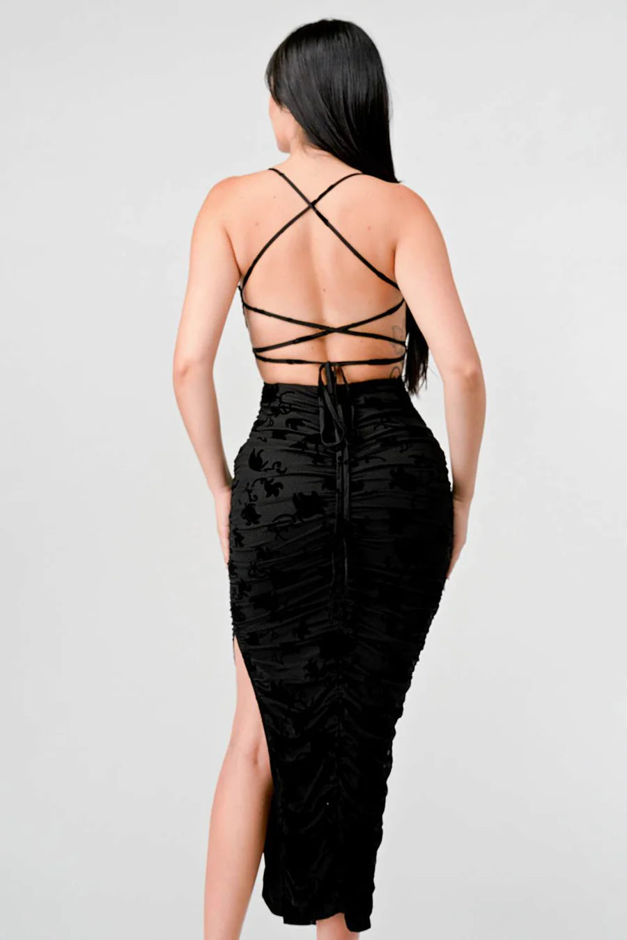 CLASSY MESH VELVET FLOCKING SIDE SLIT DRAWSTRING BACK BODYCON MIDI DRESS