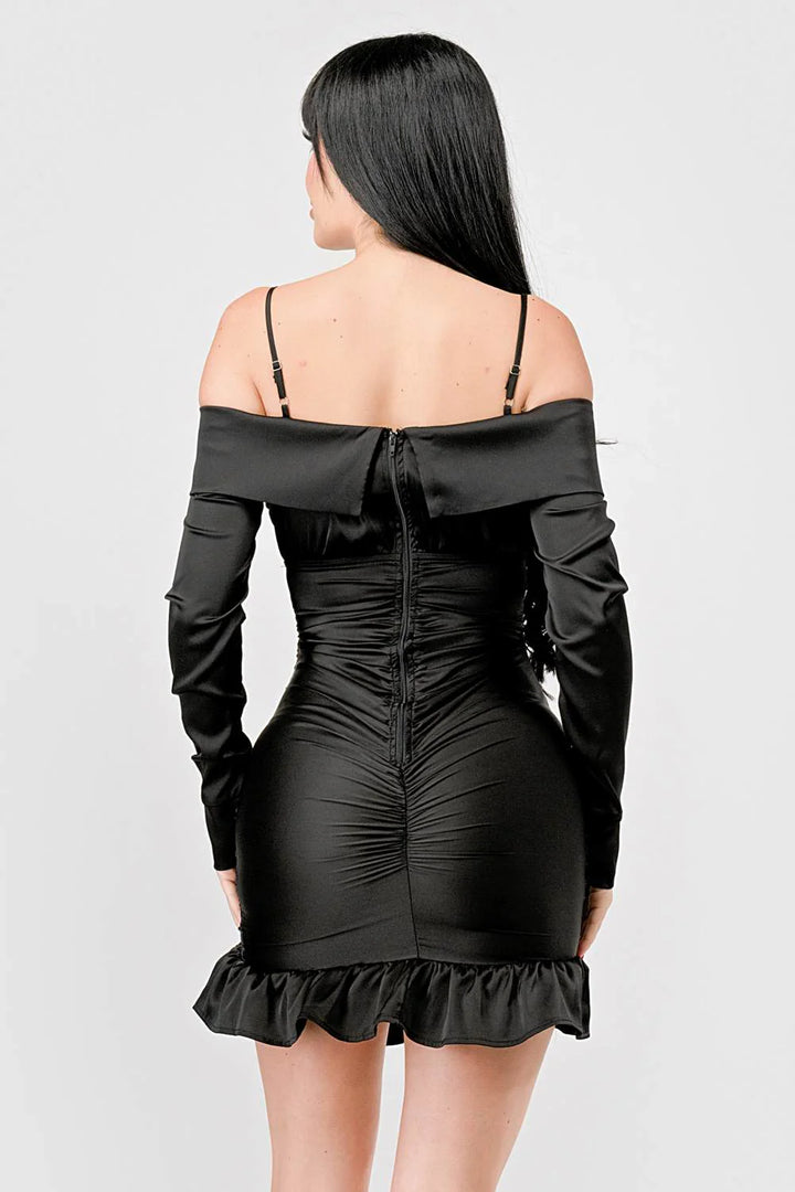 Off Shoulder Ruched Satin Mini Dress