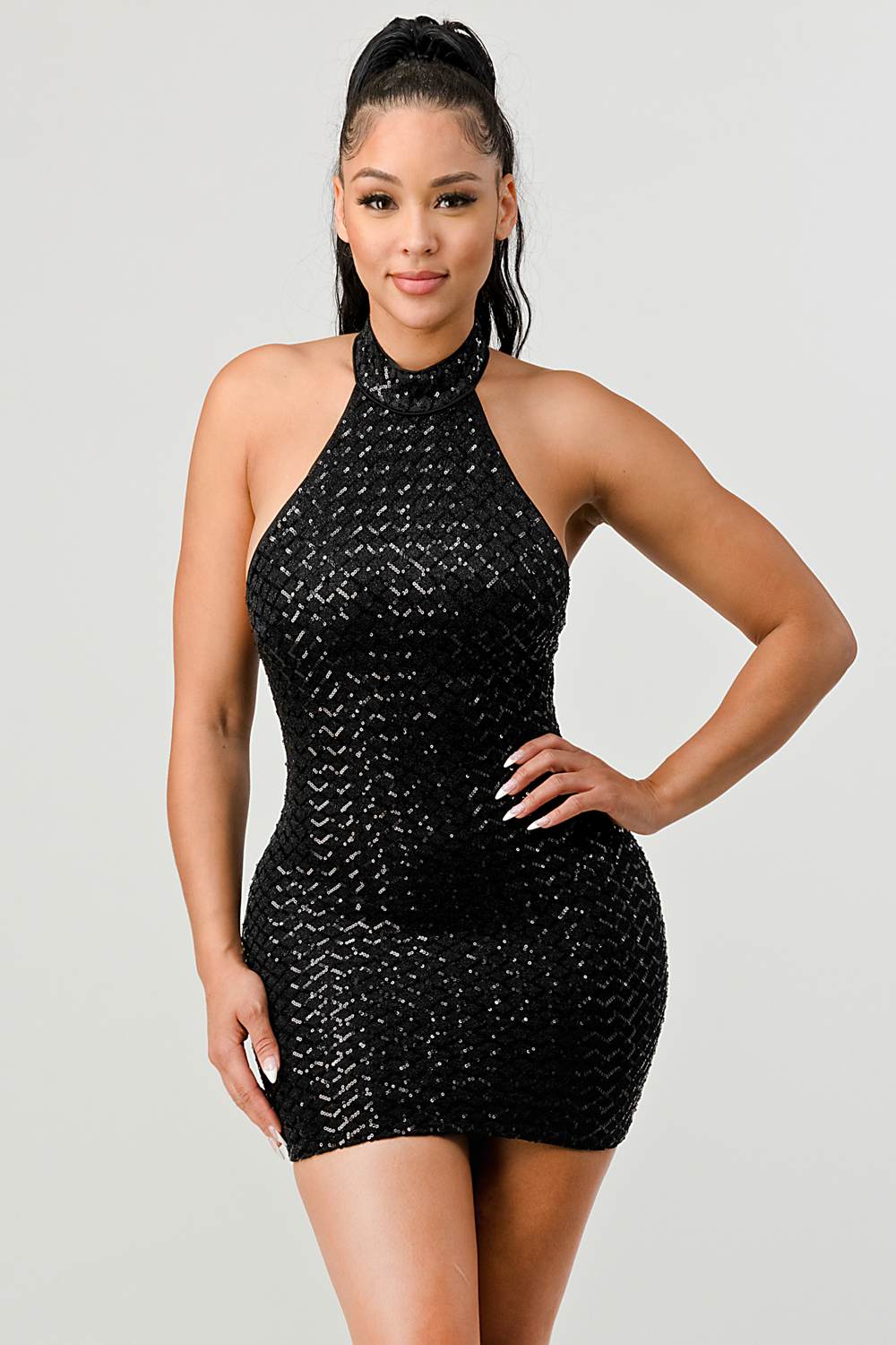 LUX SEQUINS HALTER OPEN BACK SLEEVELESS BODYCON MINI DRESS