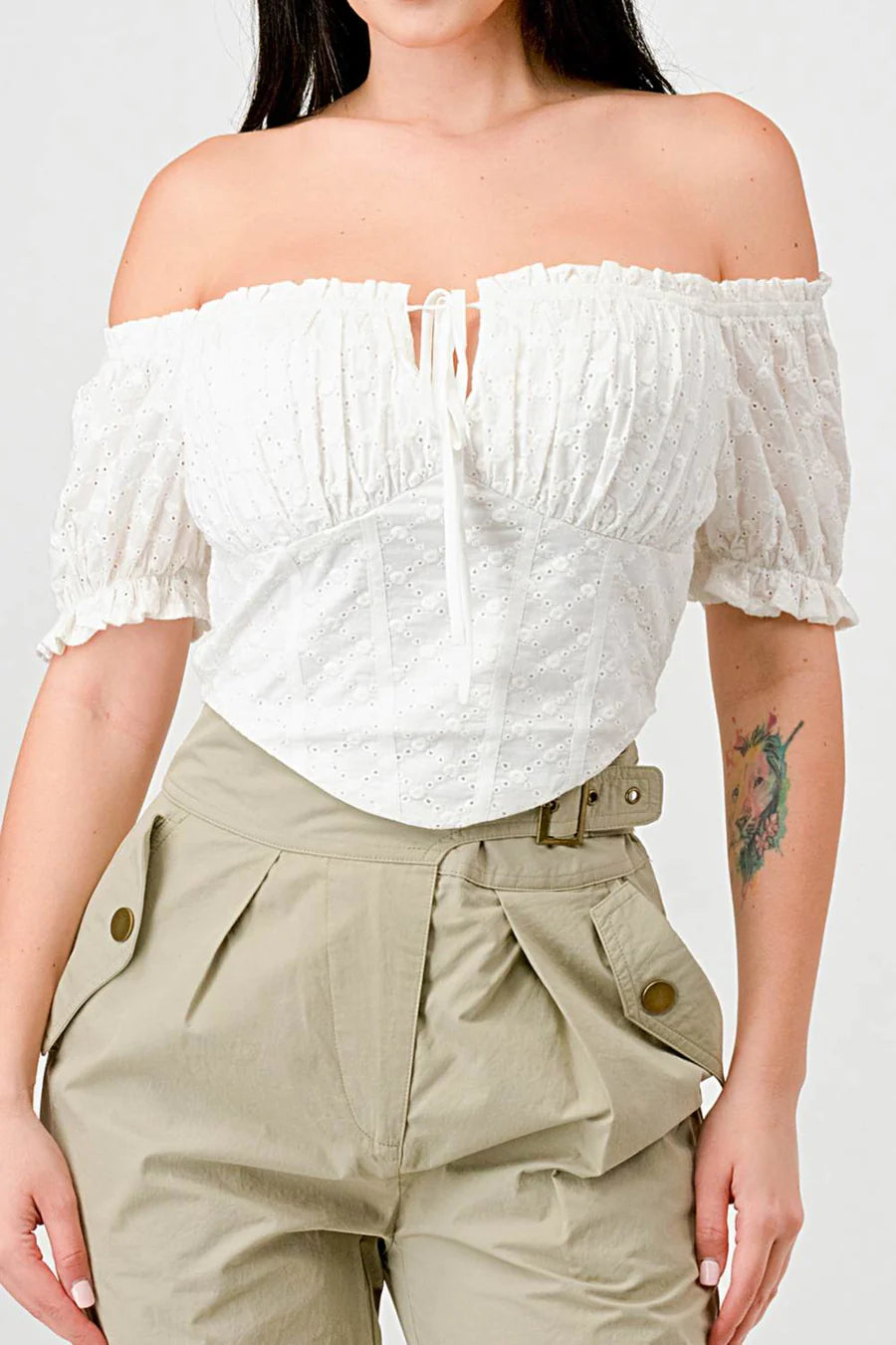 EYELET WOVEN RUFFLED OFF SHOULDER RUCHED SWEETHEART CROPPED TOP