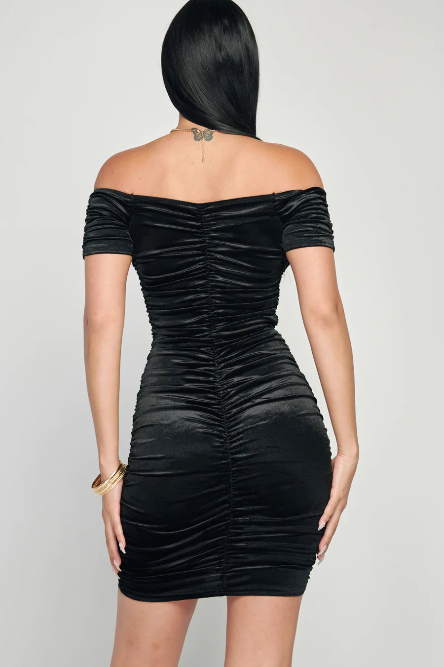 LUX SHINY VELVET OFF SHOULDER HOOKED RUCHED BODYCON MINI DRESS