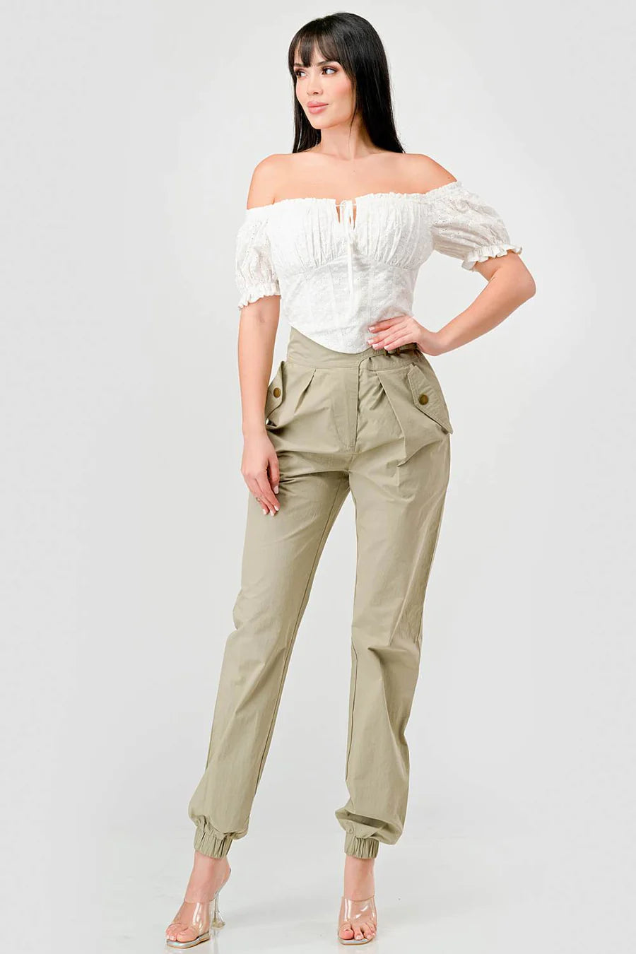 EYELET WOVEN RUFFLED OFF SHOULDER RUCHED SWEETHEART CROPPED TOP