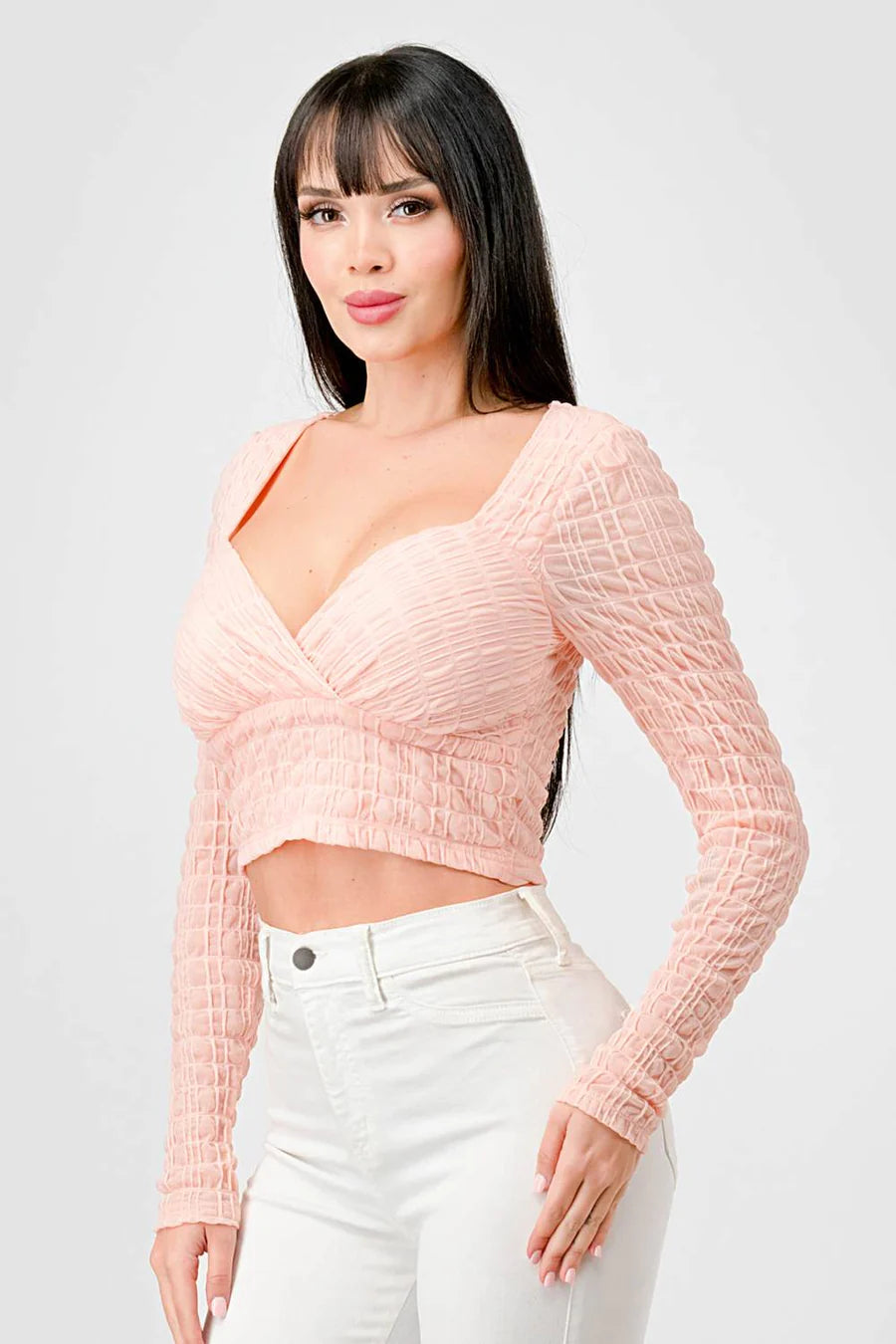 TEXTURED SWEETHEART LONG SLEEVES CROPPED TOP