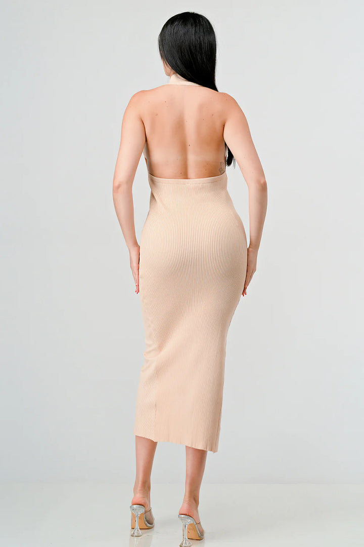 SEXY RIB KNIT BUTTON EXPOSED BACK MIDI DRESS