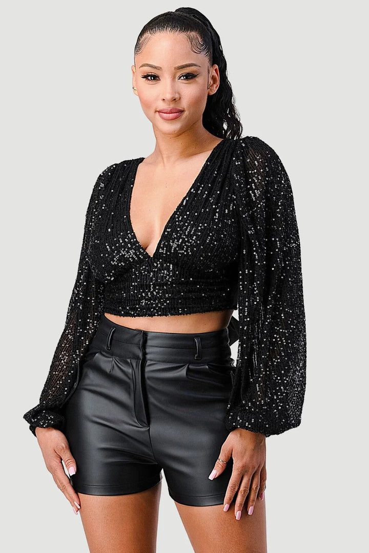 LUX SEQUINS DEEP-V SATIN OPEN BACK-TIE PEASANT LONG SLEEVES CROPPED BLOUSE TOP