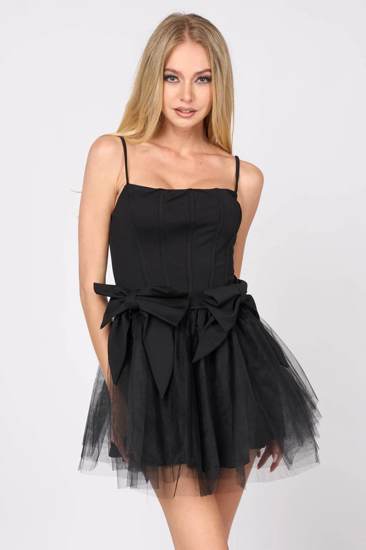 ROMANTIC BOWS DETAIL PLEATED TULLE MINI DRESS