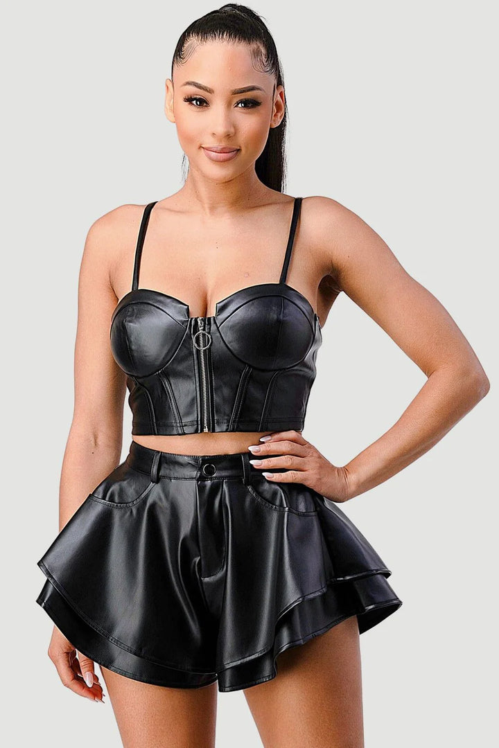 FAUX LEATHER CORSET TOP AND FLARED SHORTS SET