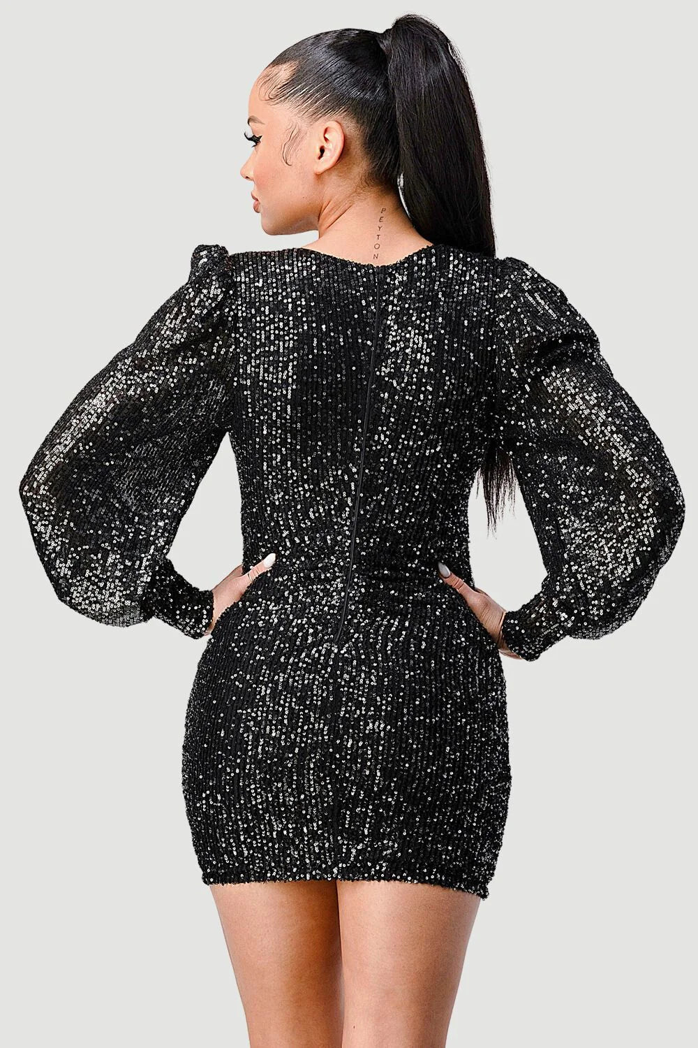 CHIC SEQUIN FRONT DRAWSTRING BISHOP LONG SLEEVE MINI DRESS