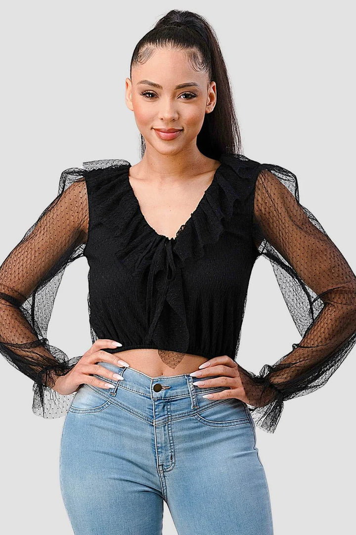 POLKA DOT MESH V-NECK RUFFLE DRAPED DRAWSTRING BOW PUFF LONG SLEEVES CROPPED TOP