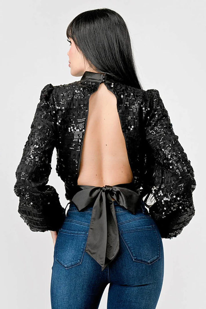 LUXE SEQUINS TEXTURE SATIN OPEN BACK TIE CROPPED TOP