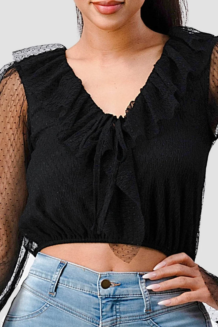 POLKA DOT MESH V-NECK RUFFLE DRAPED DRAWSTRING BOW PUFF LONG SLEEVES CROPPED TOP