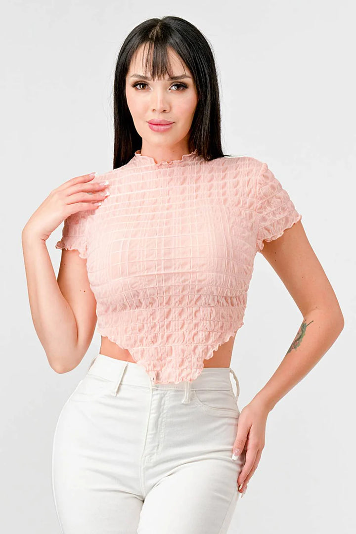 TEXTURED RUFFLED HEM KEYHOLE BACK ASYMMETRICAL CROPPED TOP