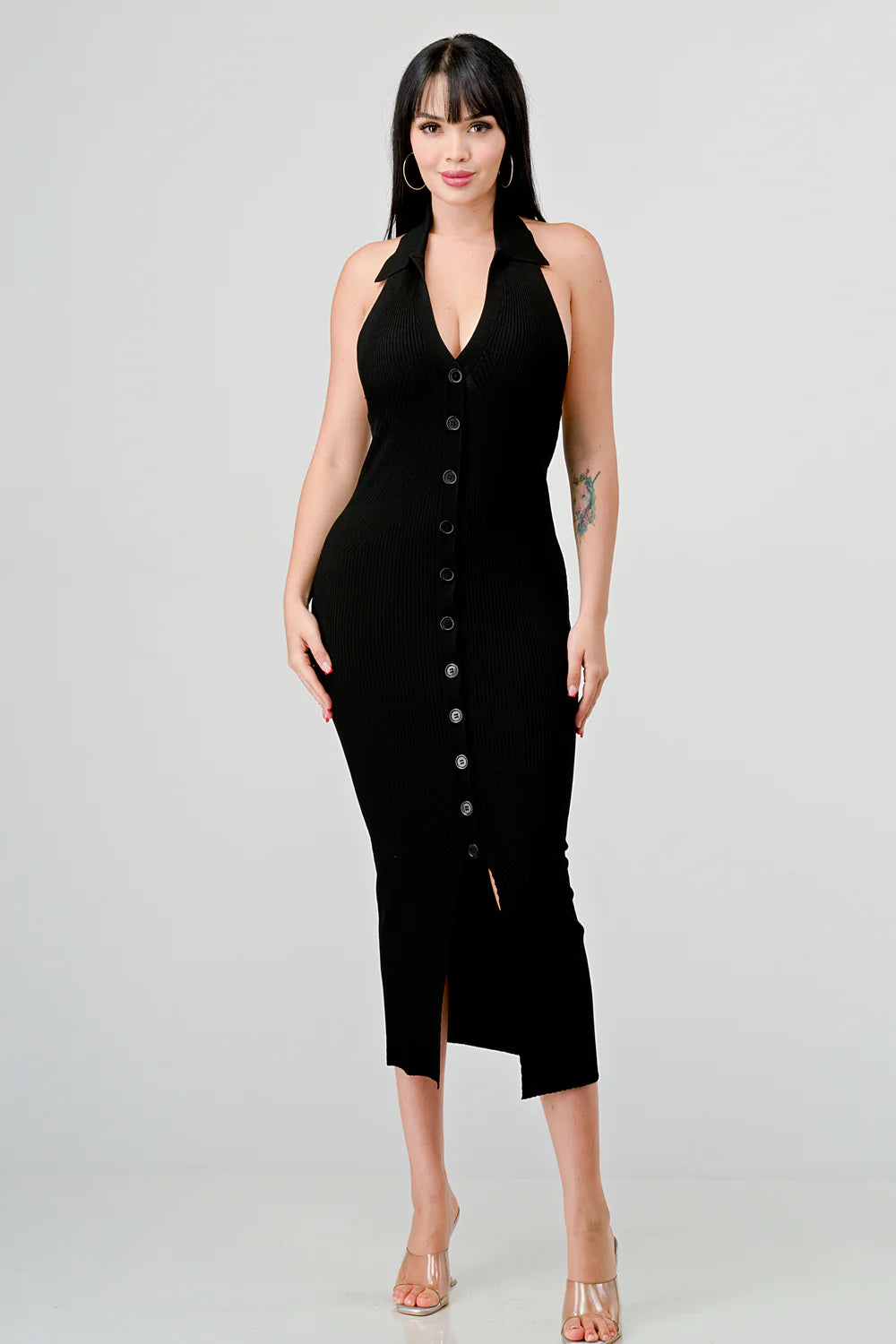 SEXY RIB KNIT BUTTON EXPOSED BACK MIDI DRESS