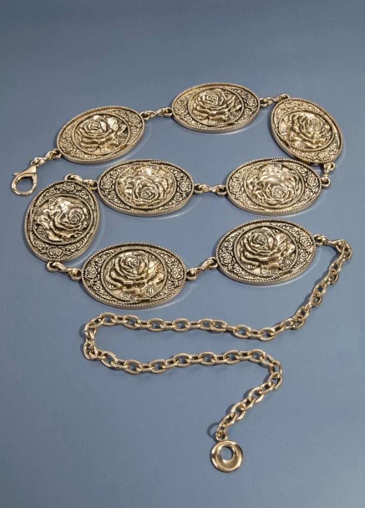 Western Engraved Flower Disc Chain Belt