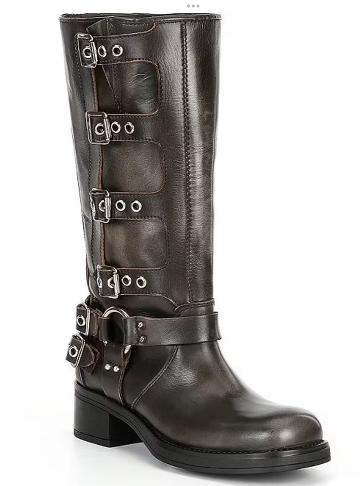 Brocks Distressed Leather Tall Moto Boots