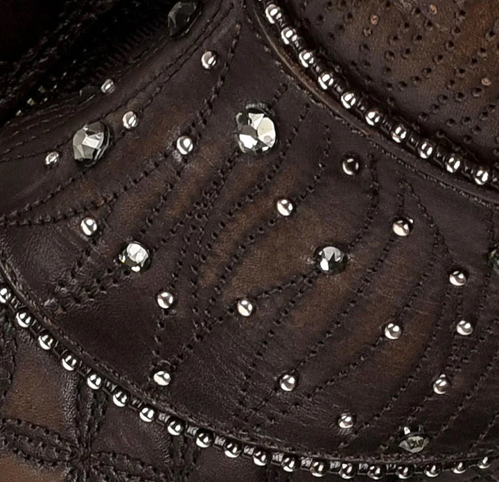 LD BLACK/BROWN EMBROIDERY & STUDS ROUND TOE