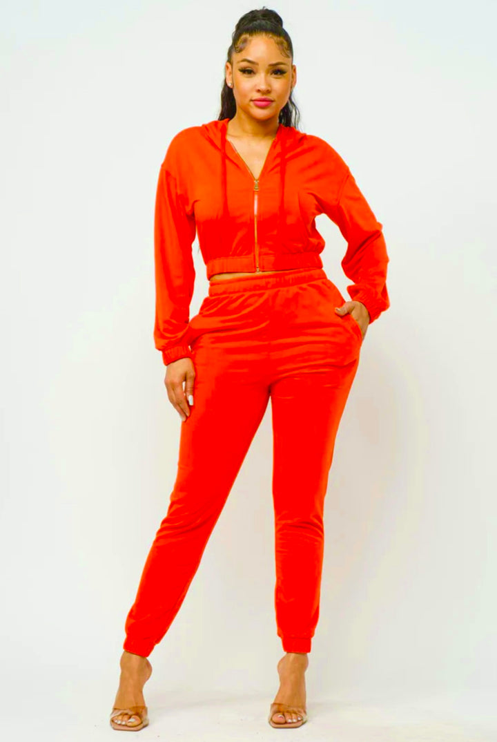 FRENCH TERRY CROPPED ZIP-UP HOODIE JOGGER SET