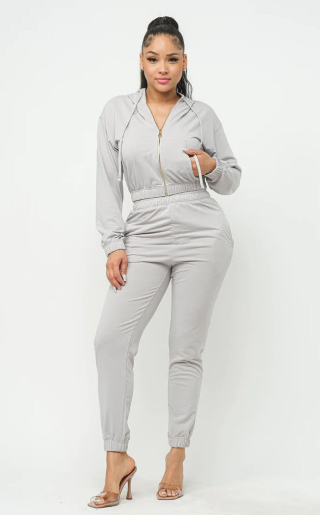 FRENCH TERRY CROPPED ZIP-UP HOODIE JOGGER SET