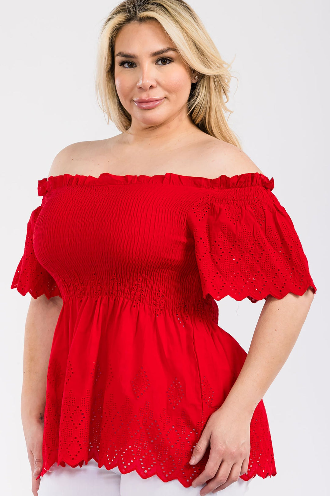 Off Shoulder Smocked Eyelet Top