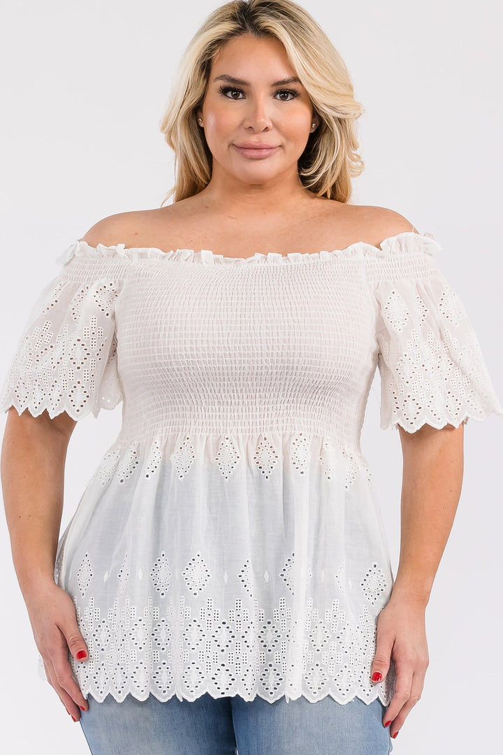 Off Shoulder Smocked Eyelet Top