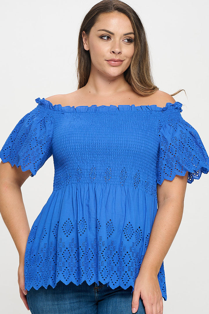 Off Shoulder Smocked Eyelet Top