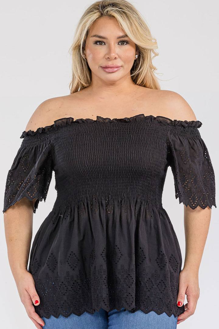 Off Shoulder Smocked Eyelet Top