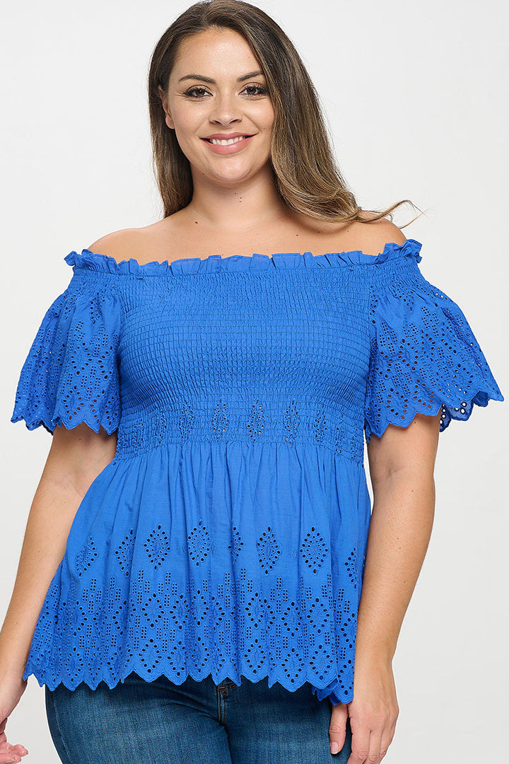 Off Shoulder Smocked Eyelet Top