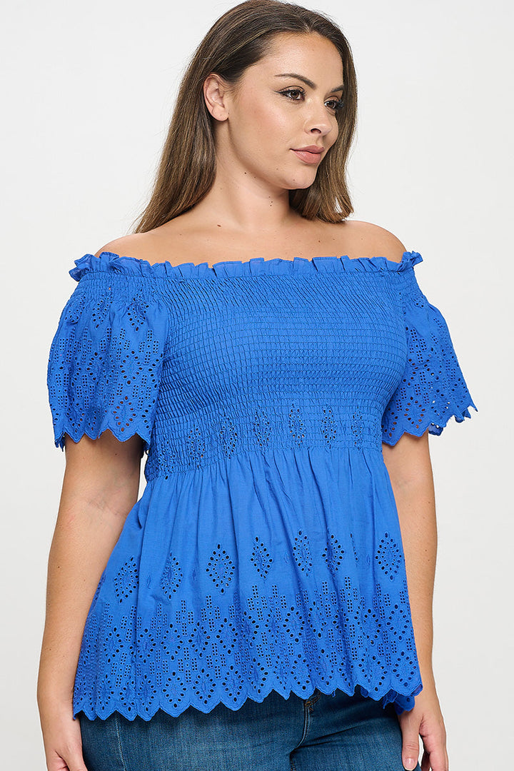 Off Shoulder Smocked Eyelet Top