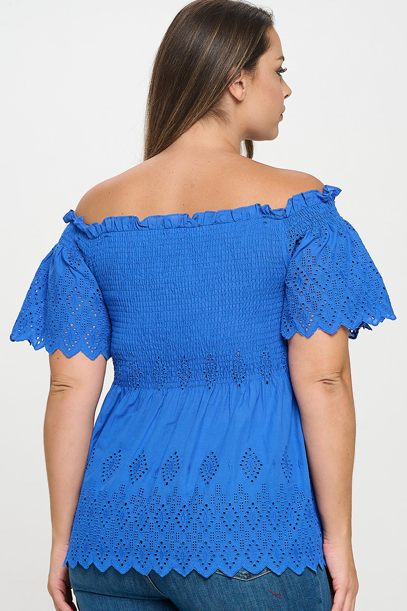 Off Shoulder Smocked Eyelet Top