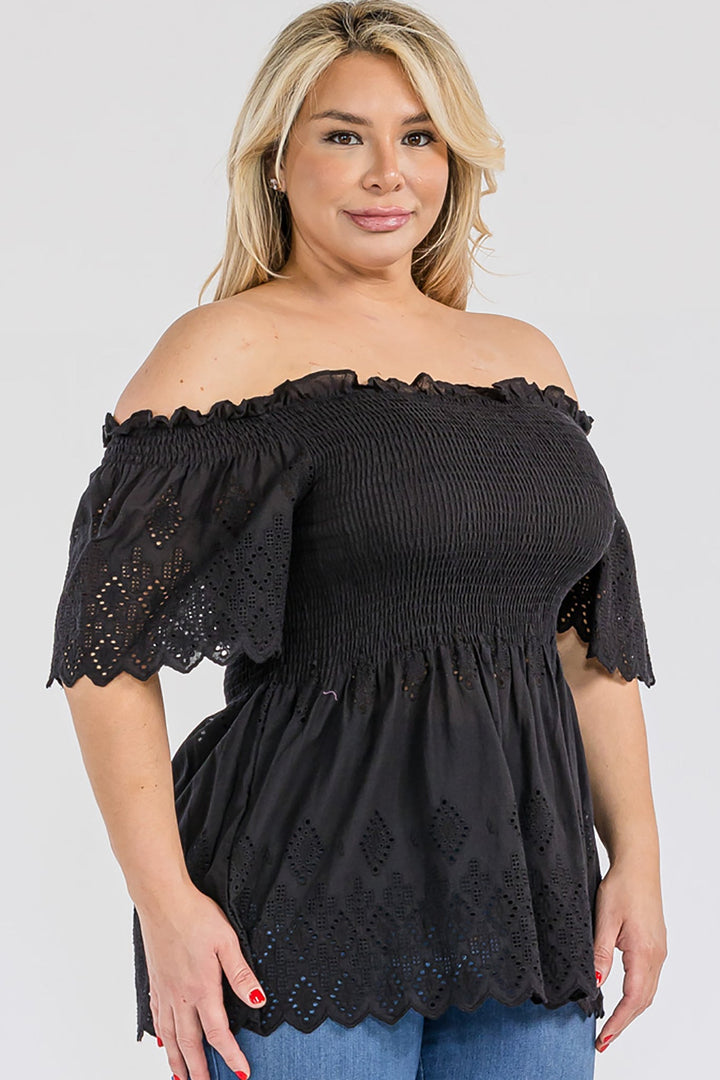 Off Shoulder Smocked Eyelet Top