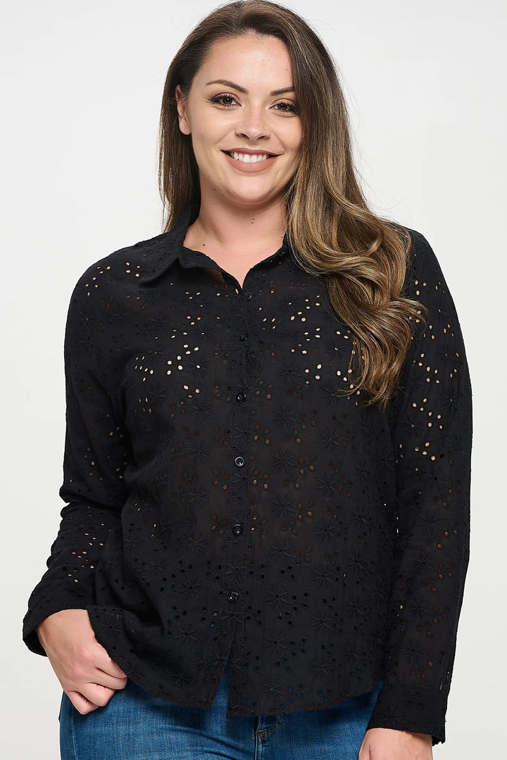 Long Sleeve Button Down Eyelet Top