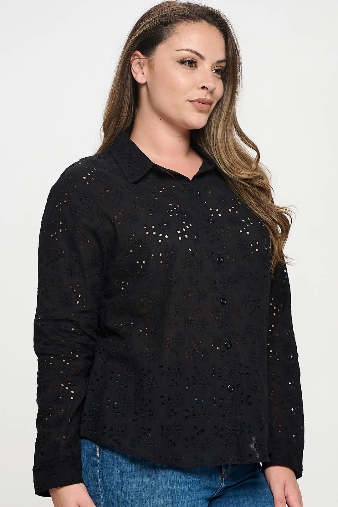 Long Sleeve Button Down Eyelet Top