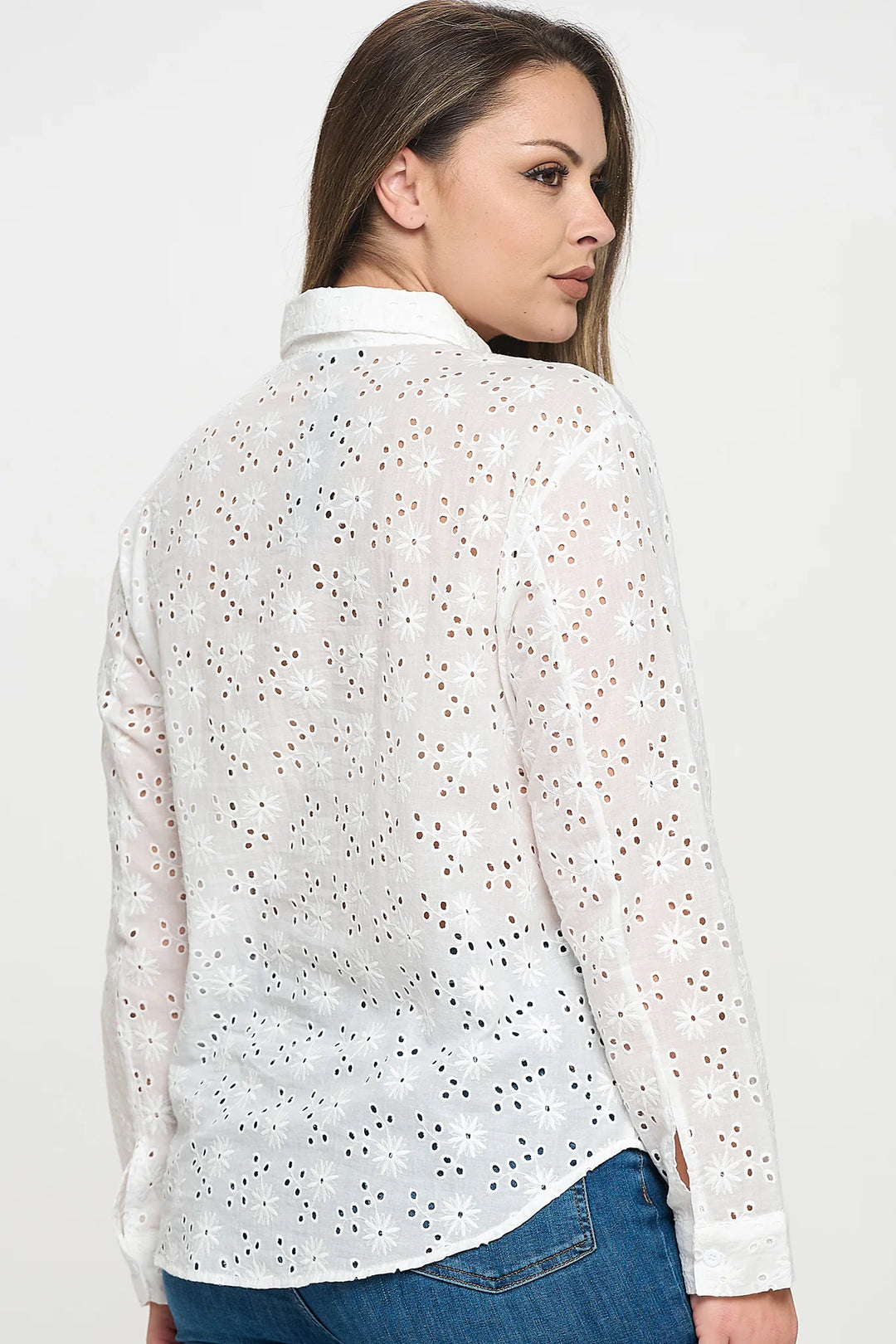 Long Sleeve Button Down Eyelet Top