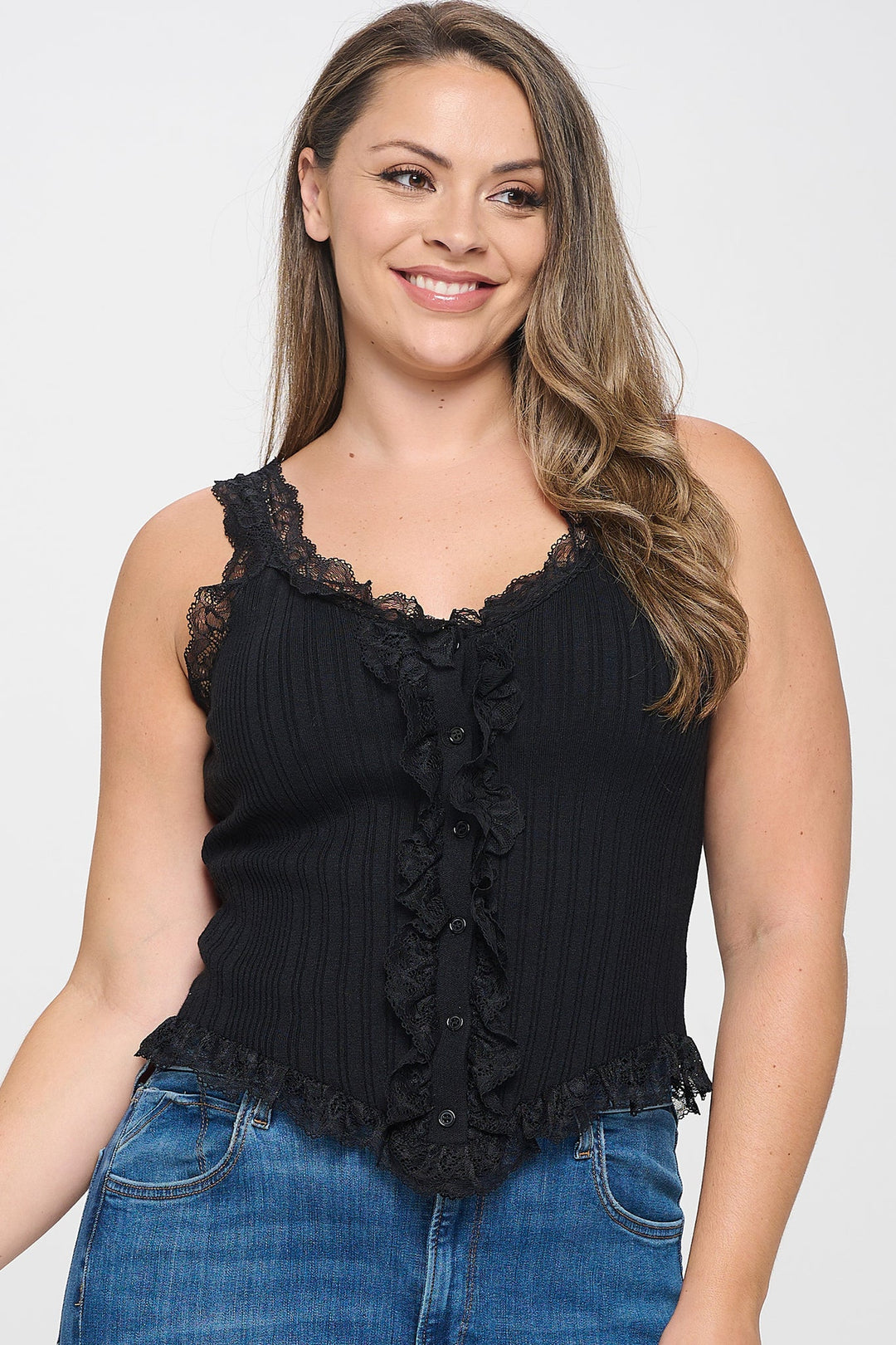 Lace Trim Ribbed Sleeveless Top