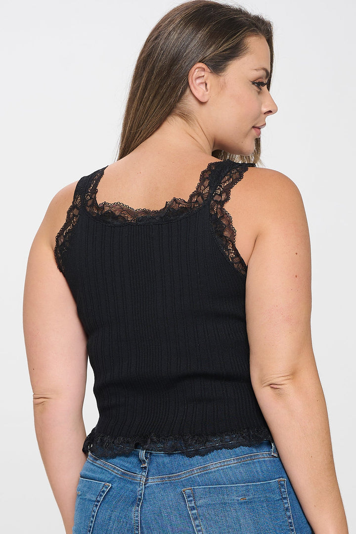 Lace Trim Ribbed Sleeveless Top