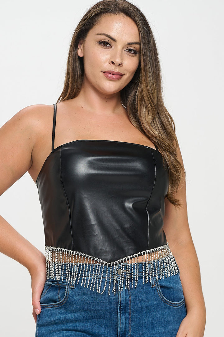 Rhinestone Fringed Faux Leather Top