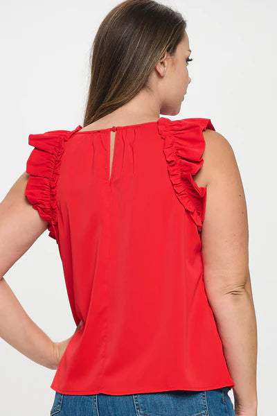 Solid Sleeveless Ruffle Trim Top