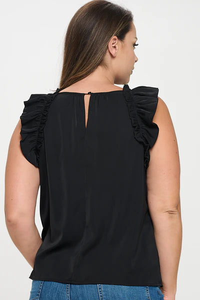 Solid Sleeveless Ruffle Trim Top