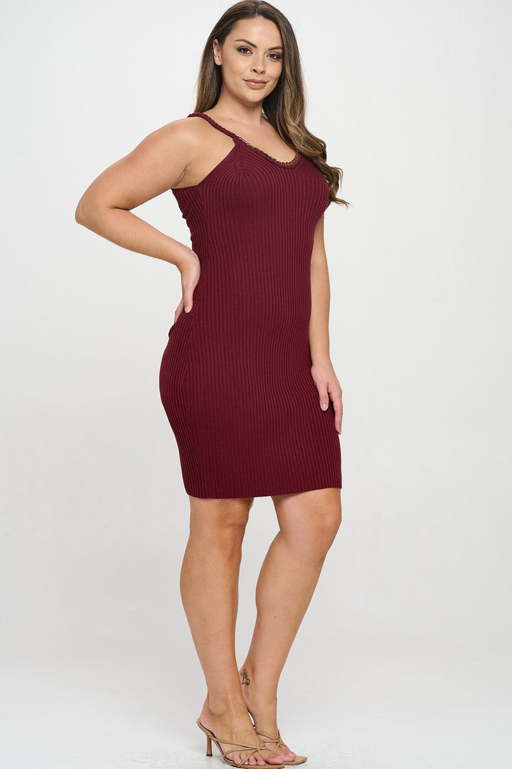 Chain Trim Ribbed Knit Dress