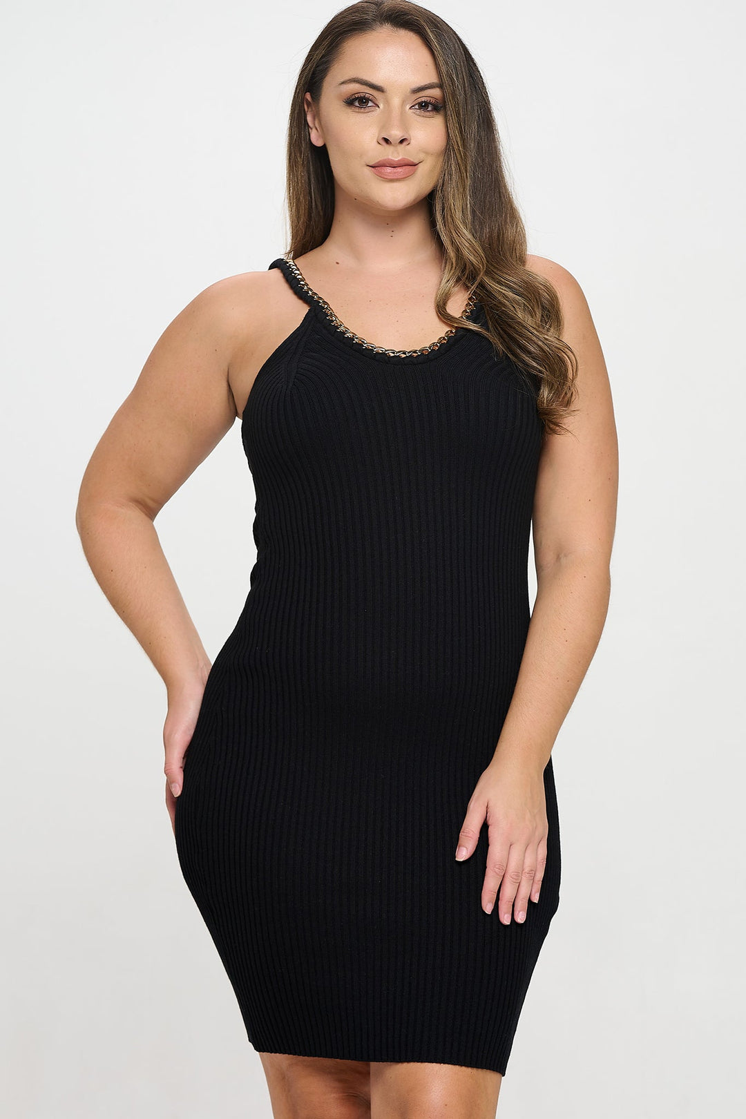 Chain Trim Ribbed Knit Dress