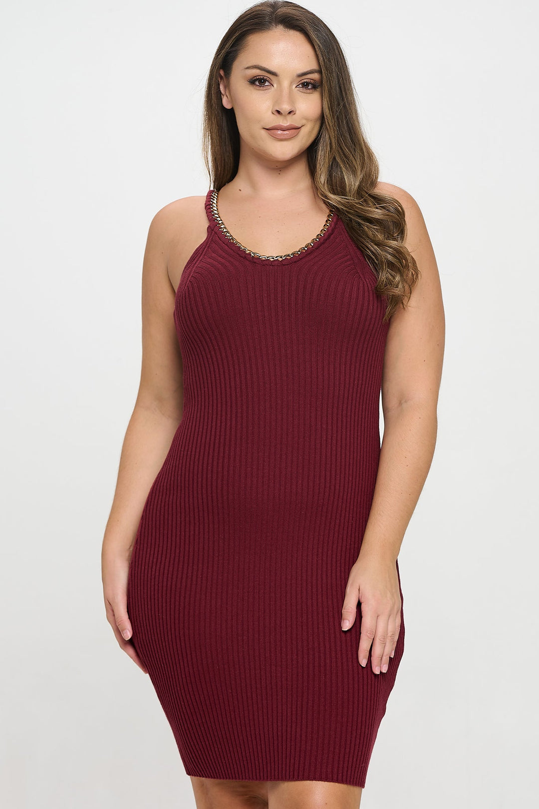 Chain Trim Ribbed Knit Dress