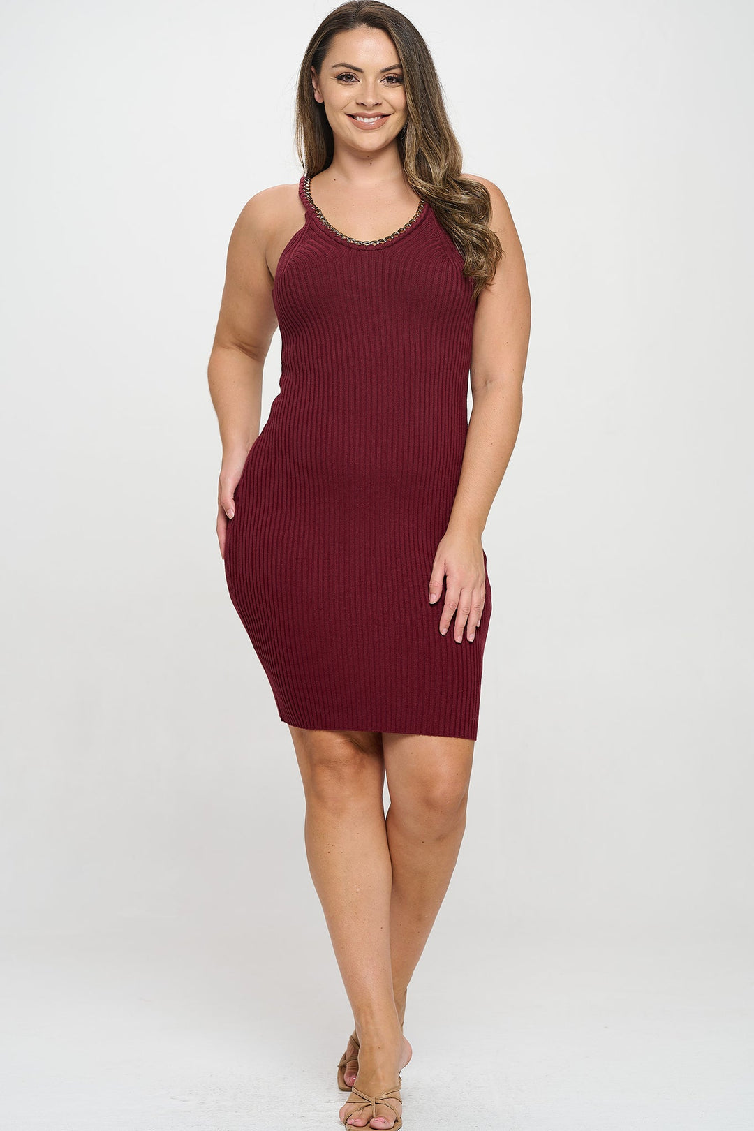 Chain Trim Ribbed Knit Dress