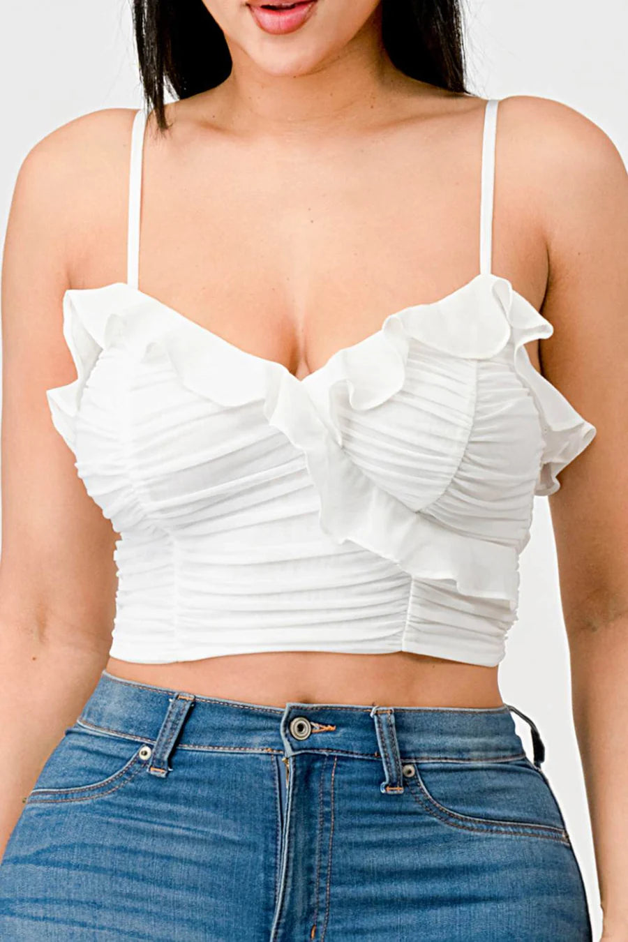 MESH CONTRAST RUCHED SWEETHEART WITH CHIFFON CAMISOLE RUFFLED CROPPED TOP