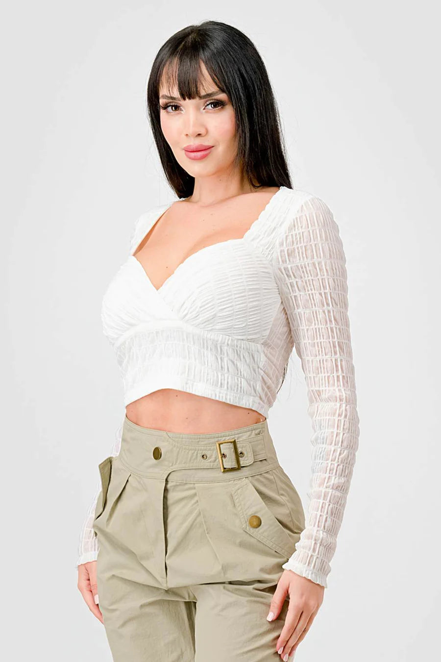 TEXTURED SWEETHEART LONG SLEEVES CROPPED TOP