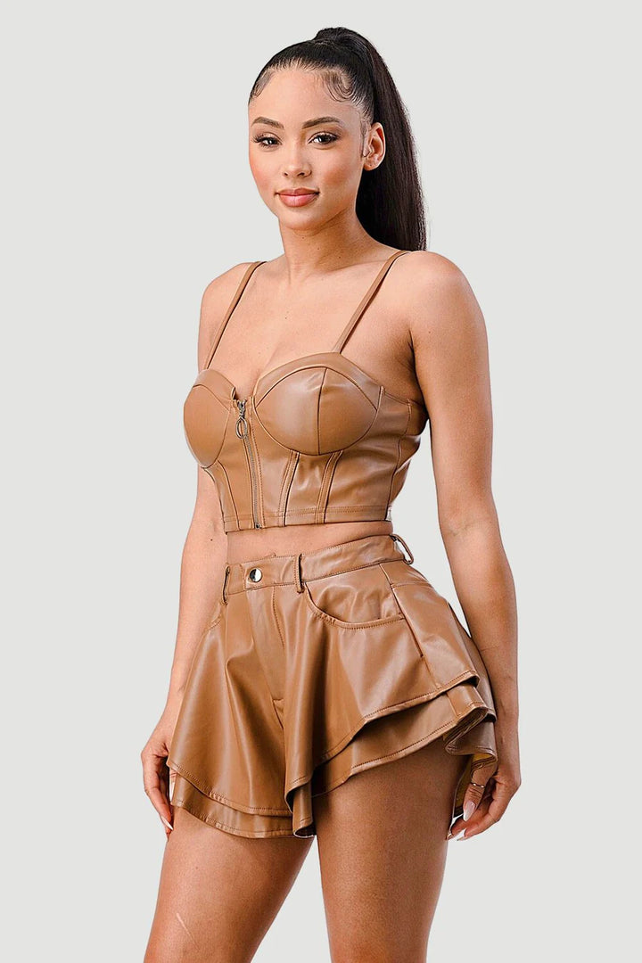 FAUX LEATHER CORSET TOP AND FLARED SHORTS SET