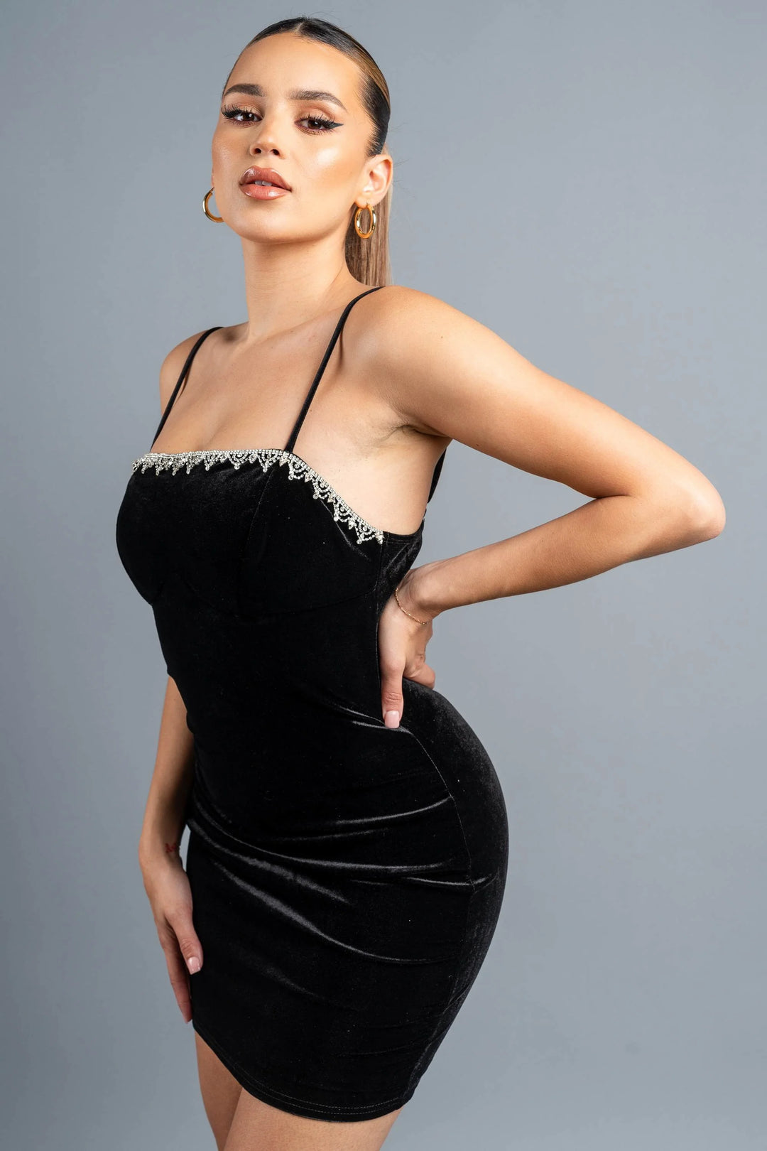 Velvet Rhinestone-Trim Mini Dress