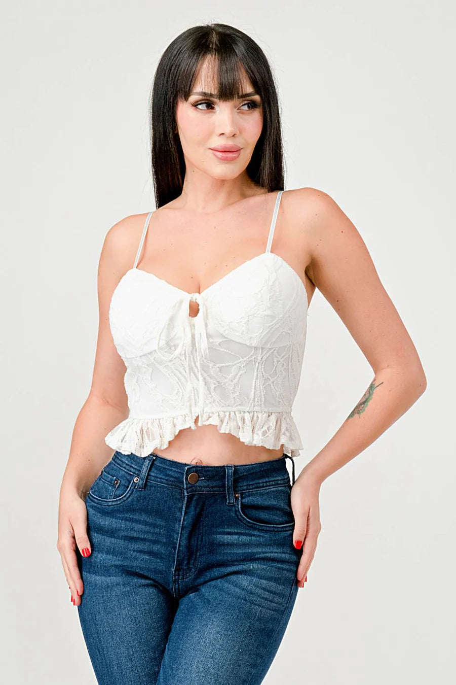 SUPER STRETCH COTTON LACE SWEETHEART DRAWSTRING RUFFLED CROPPED CAMI TOP