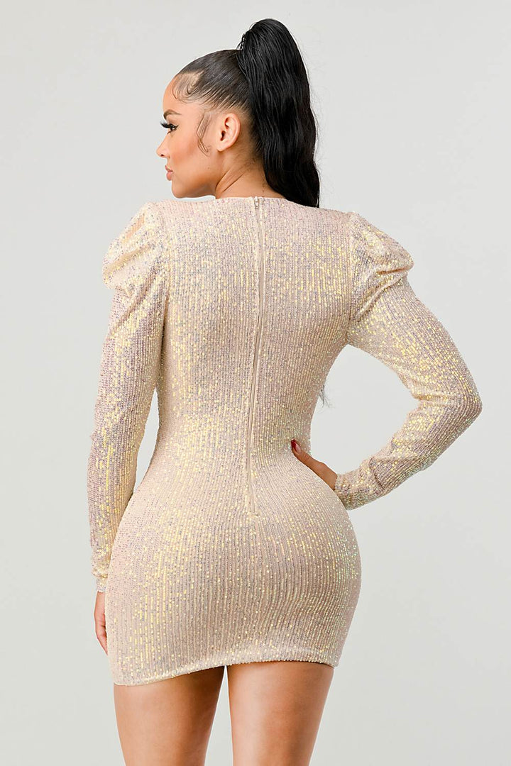 SEXY SEQUINS DEEP V-NECK GIGOT SLEEVE BODYCON MINI DRESS